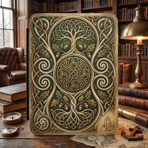 May include: A detailed, leather-bound journal with a Celtic knot design. The cover features a green background with gold-colored interwoven patterns, a tree of life, and acorn details. The journal is open on a wooden desk.