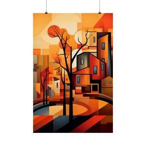 Abstract Cubism Wall Art, Cubist Poster for Bedroom, Living Room, Dining Room, Den or Office, Autumn Township