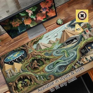 Pode incluir: Tapete de mesa detalhado com um design de arte em papel em camadas com pirâmides, um monstro do lago e um OVNI. O tapete tem um esquema de cores marrom, verde e azul, com o texto "Available in styles & sizes to fit any desk".