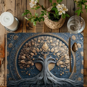 May include: A detailed, top-down view of a placemat with a tree of life design. The placemat is navy blue with gold accents, a knife, and a spoon. A white candle, a glass, and a small plant in a woven basket are also visible.