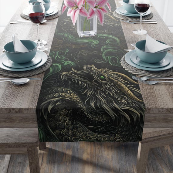 Green Dragon Table Runner: Polyester Dining Decor - 2 Sizes