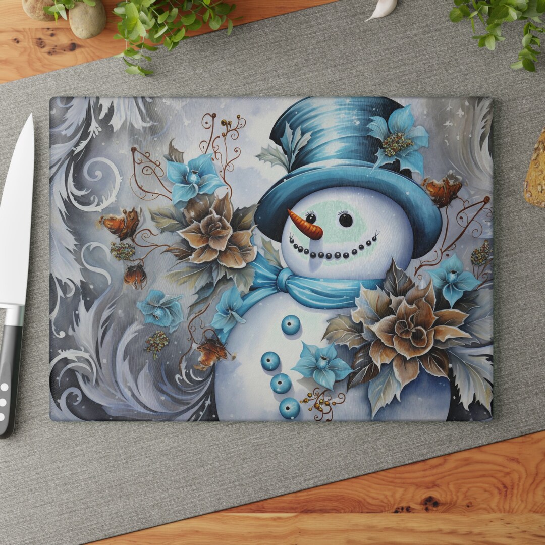 Glass Cutting Board, Cute Snowman Cutting Board, Winter Kitchen Decor