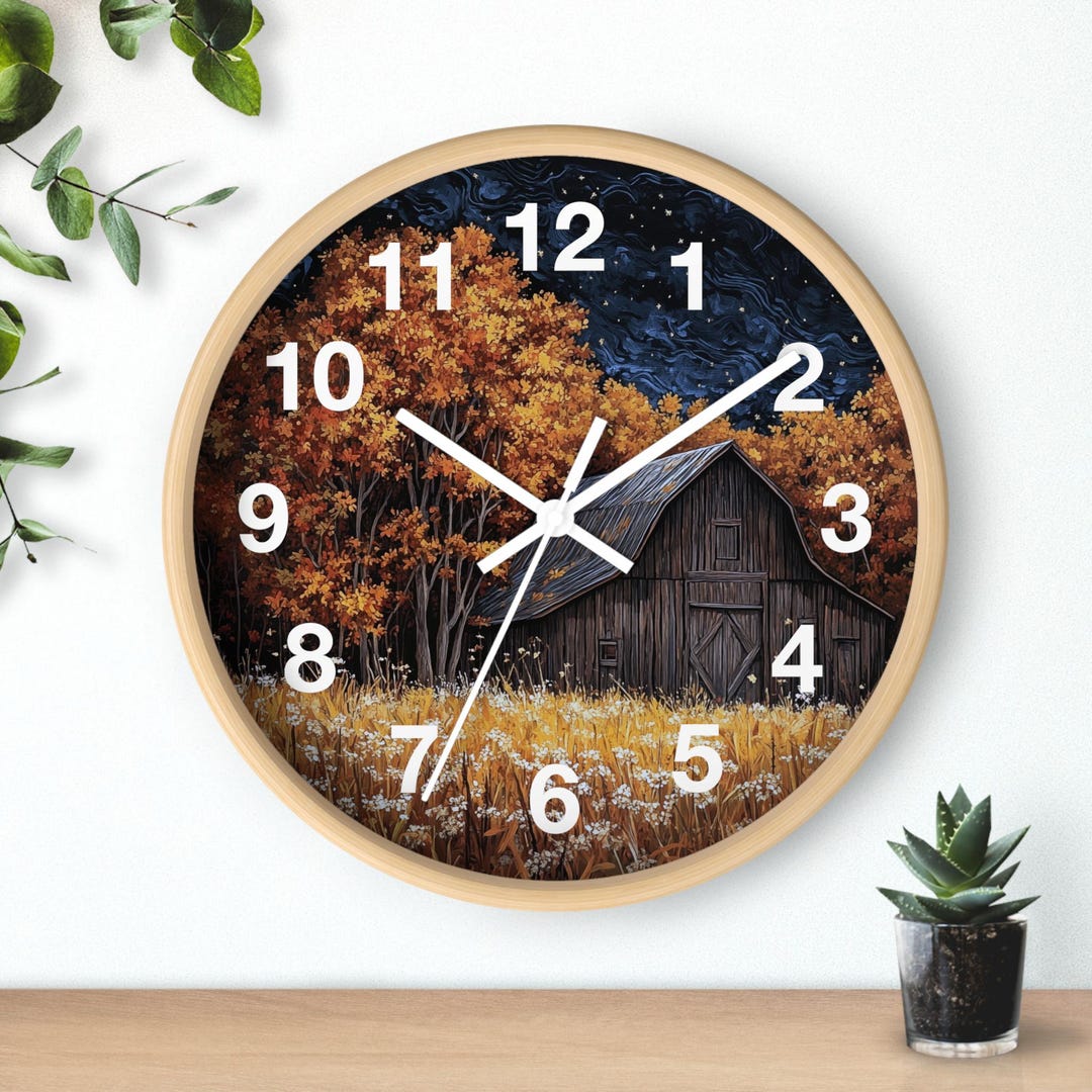 10" Round Wall Clock Featuring Rustic Autumn Barn Art With White Hands ...
