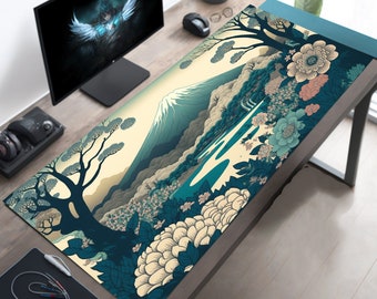 Vintage Japan Desk Mat, Mount Fuji Mouse Pad, Japanese Forest & River Desk Pad, Aesthetic XL Gaming Accessory, XXL Mousepad