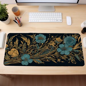 Vintage Style Dark Cottagecore Schreibtisch Dekor, Blau Gold Blume Medly Maus Pad, Floral Mousepad, Blumen Maus Pad, klein oder groß, XL XXL Big