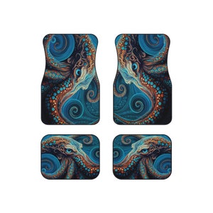 May include: Set of four car floor mats featuring a colorful abstract octopus design with swirling patterns in shades of blue, brown, and gold.