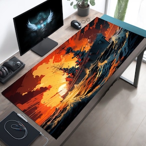 Puede incluir: Un gran acorazado gris oscuro navega por un mar tormentoso al atardecer. El cielo es de un naranja y rojo vibrantes, con rayas de luz. Las olas rompen alrededor del barco, creando una escena dramática.