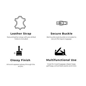 May include: Black and white illustration of a leather strap with pre-drilled holes, a secure buckle, a paintbrush, and a multi-tool. The text "Leather Strap", "Secure Buckle", "Glossy Finish", and "Multifunctional Use" are below each illustration.