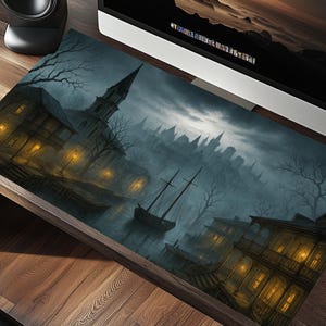Enchanting Gothic Village Desk Mat for Home Office or Gaming Setup