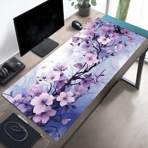 Pastel Blue and Purple Sakura Desk Mat Mousepad XL, Gaming Mouse Pad, Gift for Wife, Gift for Girlfriend, Gift for Gamer Girl, Cute Desk Pad