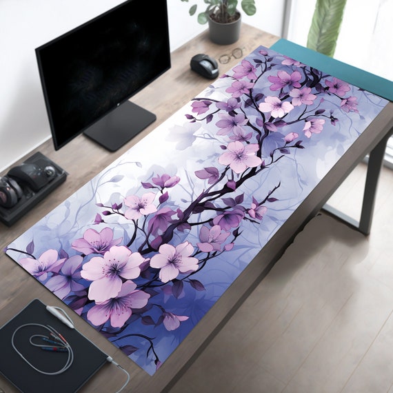 Pastel Blue and Purple Sakura Desk Mat Mousepad XL, Gaming Mouse Pad, Gift for Wife, Gift for Girlfriend, Gift for Gamer Girl, Cute Desk Pad