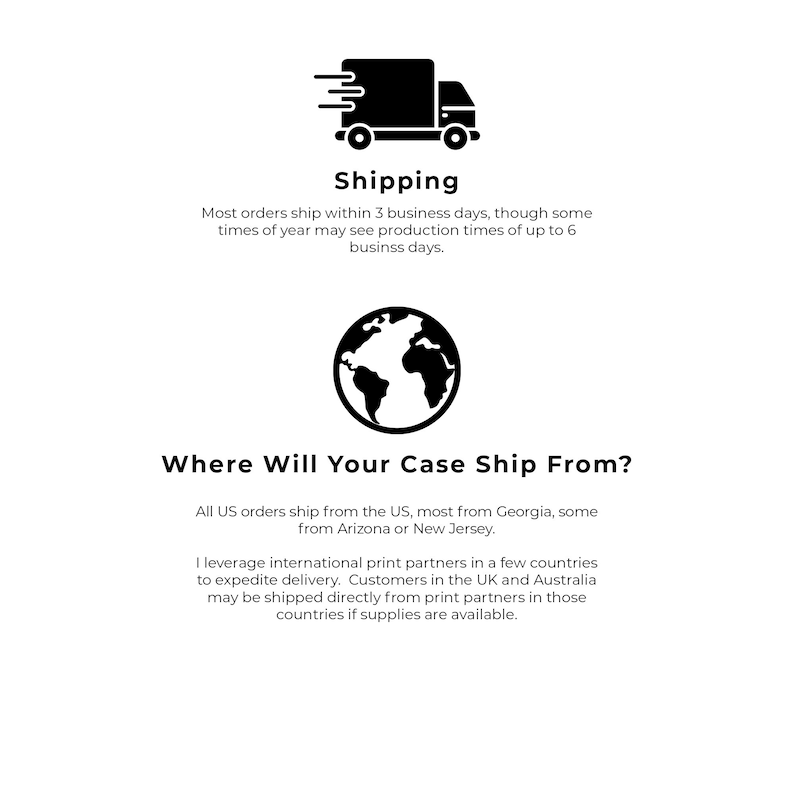 Op de afbeelding: Zwart-witte illustratie van een bestelwagen met de tekst "Shipping" en informatie over de verzendtijden. Zwart-witte illustratie van een wereldbol met de tekst "Where Will Your Case Ship From?" en informatie over de verzendlocaties.