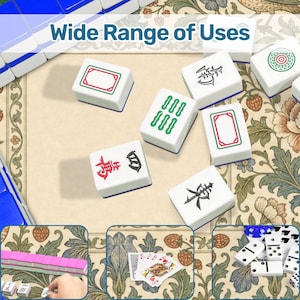 May include: A collection of white Mahjong tiles with blue, green, red, and black markings scattered on a floral surface. The text Wide Range of Uses is visible. Smaller insets show a row of pink tiles, playing cards, and white dominoes.