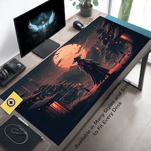 Post-Apocalyptic Japanese Moonlight: Samurai Mouse Pad, Traditional Japanese Landscape Desk Mat, Dark Aesthetic Desk Pad, Unique Mousepad