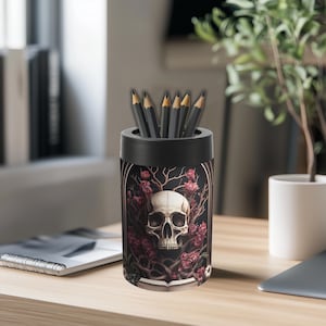 Dark Academia Desk Decor - Skull and Book and Books Pencil Cup - Gothic Pencil Holder - Desk Organizer - Goth Gifts