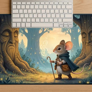 May include: A rectangular mouse pad featuring a whimsical illustration of a mouse in a cloak and boots, walking through a forest. The mouse pad has a forest scene with large trees and a keyboard on top.