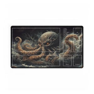 May include: A rectangular playmat featuring a detailed illustration of a giant octopus with glowing orange eyes emerging from dark, swirling clouds. The mat has designated zones for gameplay, with text labels like "Battlefield" and "Library".