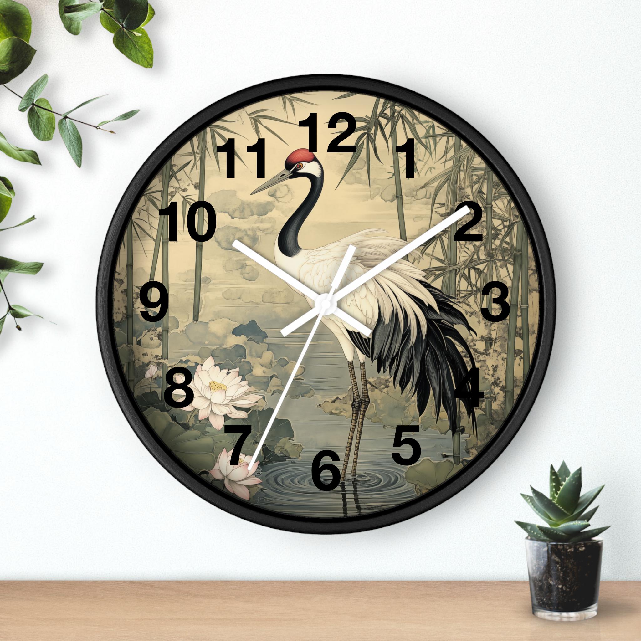 Round Wall Clock Featuring Oriental Asian Crane in Bamboo Forest