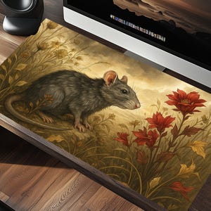 Wild Rat in the Autumn Wildflowers - Rustic Desk Mat for Home or Office - Perfect Gift for Rat Lovers - Gift for Her - Rat Mouse Pad XL