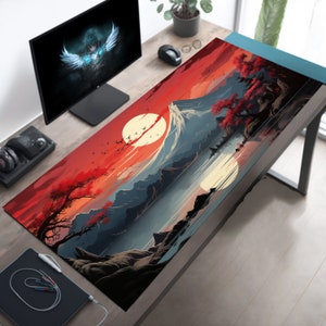 Decorazione per scrivania da gioco giapponese con luna piena a mezzanotte, Monte Fuji, grande tappetino per scrivania, tappetino per mouse lungo, tappetino per mouse giapponese, estetica da scrivania Lofi XL XXL grande