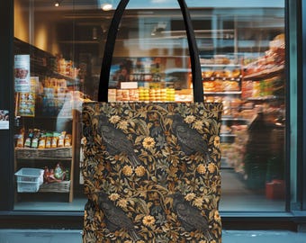Middeleeuwse draagtas bloemen kraai - boodschappentas kraai - herbruikbare boodschappentas middeleeuwse kunst - draagtas reizen - strandtas - cadeau voor vrouw