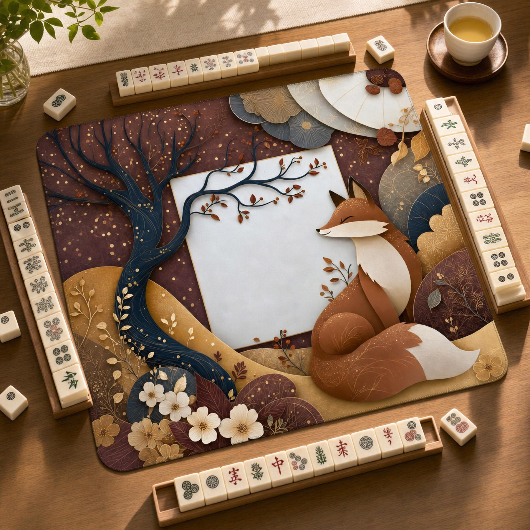 Fox Mahjong Mat — Japanese Kitsune Autumn Forest Game Mat | Rust