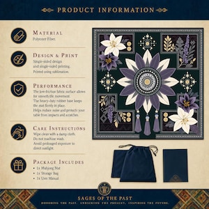 May include: A square mahjong mat featuring a dark green background with a central purple and white floral mandala design, accompanied by a dark blue drawstring storage bag and a matching rectangular user manual, all displayed with product information.
