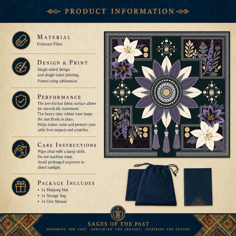 May include: A square mahjong mat featuring a dark green background with a central purple and white floral mandala design, accompanied by a dark blue drawstring storage bag and a matching rectangular user manual, all displayed with product information.