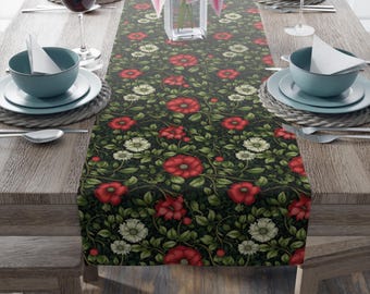 Chemin de table en polyester vert, rouge et blanc durable et accrocheur - 2 options de taille - verdure et fleurs d'inspiration William Morris