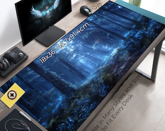 Mystic Blue Glow Forest Desk Mat: Oversized Gaming Mousepad
