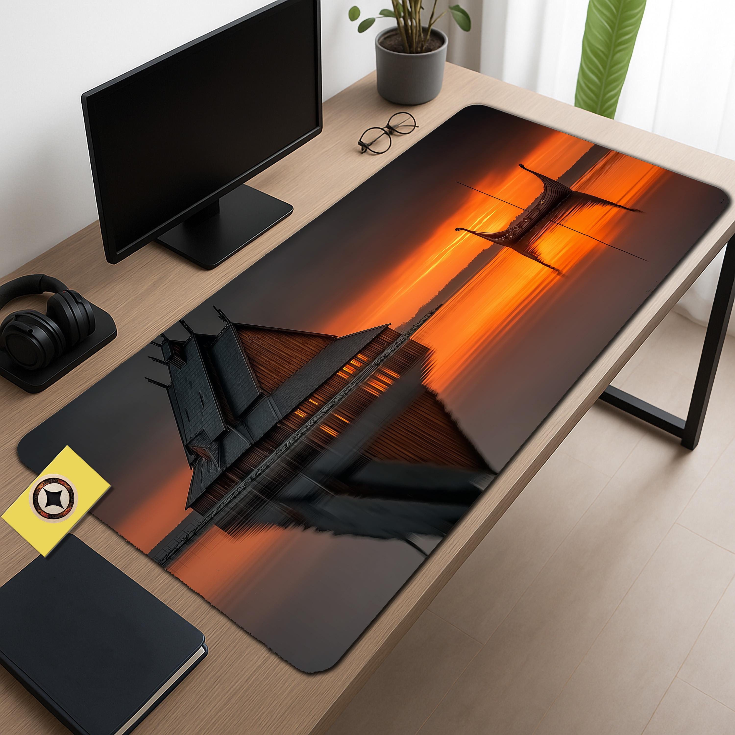 Viking Sunset Desk Mat with Nordic Longhouse and Longship Design – Personalized Norse Office Decor