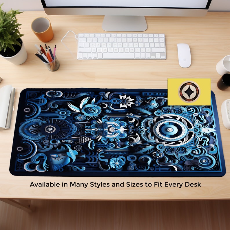 Extended Mousepad, Blue Mayan Royal Abstract Print, Gaming Mouse Pad
