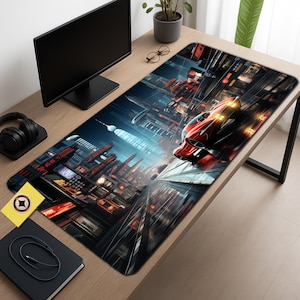 May include: A rectangular desk mat featuring a futuristic cityscape with a red vehicle speeding through the scene. The design incorporates red, black, and blue hues, creating a dynamic and modern aesthetic. The mat is designed to protect the desk surface.