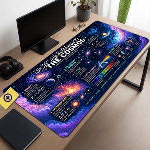 May include: A large rectangular desk mat featuring a deep space theme with colorful nebulae, galaxies, and scientific diagrams. The text reads THE COSMOS, 18x36, and includes physics equations for gravity, relativity, and thermodynamics in white.