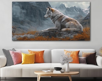 Wolf on the Mountain Canvas Art Print - Ready to Hang Wolf Wall Art For Home or Office or Man Cave - Bedroom Art - Living Room Art