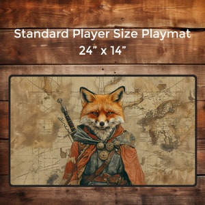 May include: A rectangular playmat with a detailed illustration of a fox warrior, holding a sword, set against a vintage map background. The mat measures 24 inches by 14 inches.