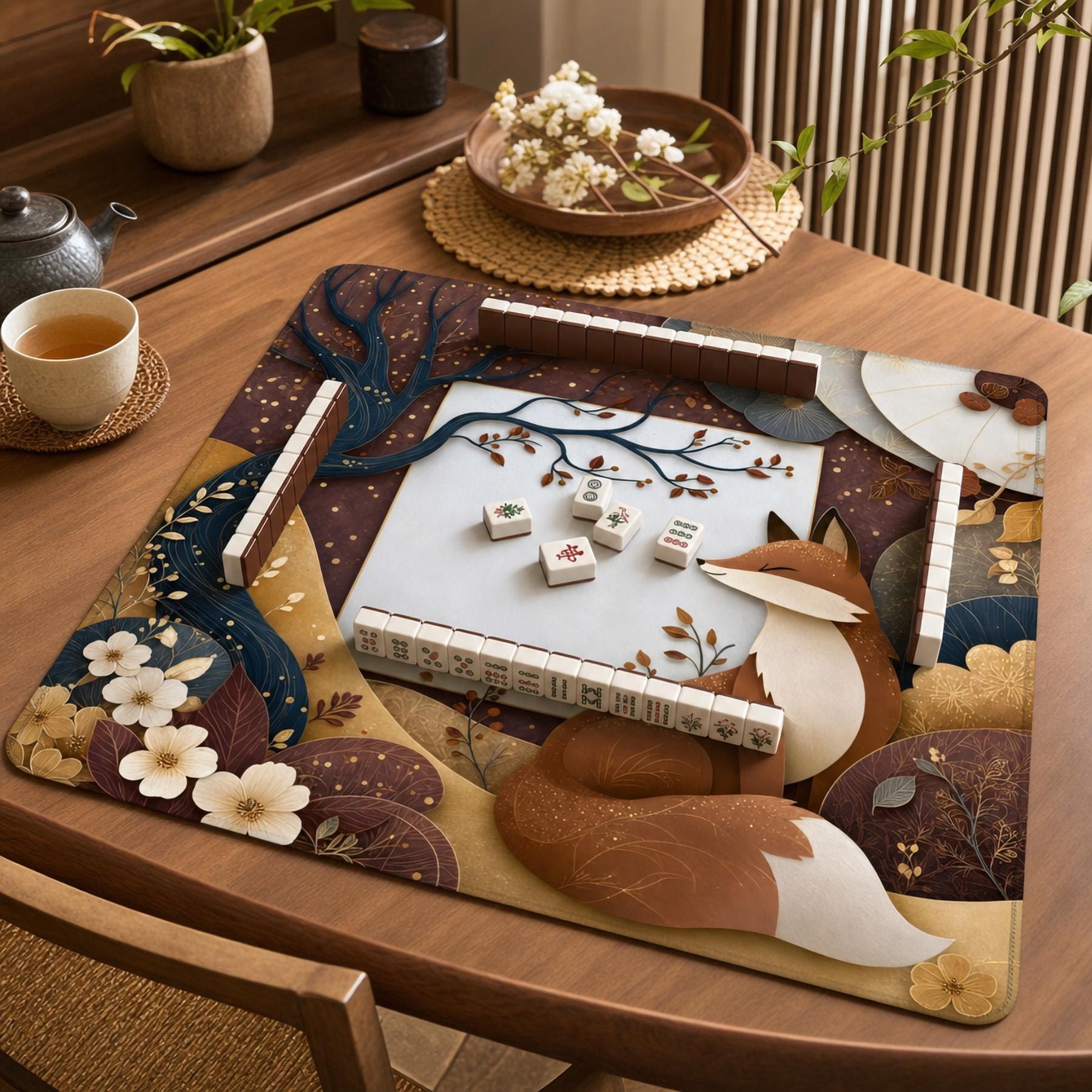 Fox Mahjong Mat — Japanese Kitsune Autumn Forest Game Mat | Rust