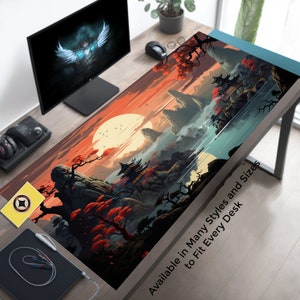 Puede incluir: Una alfombrilla de escritorio grande y colorida con un diseño de inspiración japonesa que presenta una cordillera, una pagoda y un gran sol naranja. El texto "Available in Many Styles and Sizes to Fit Every Desk" está impreso en la esquina inferior derecha de la alfombrilla.