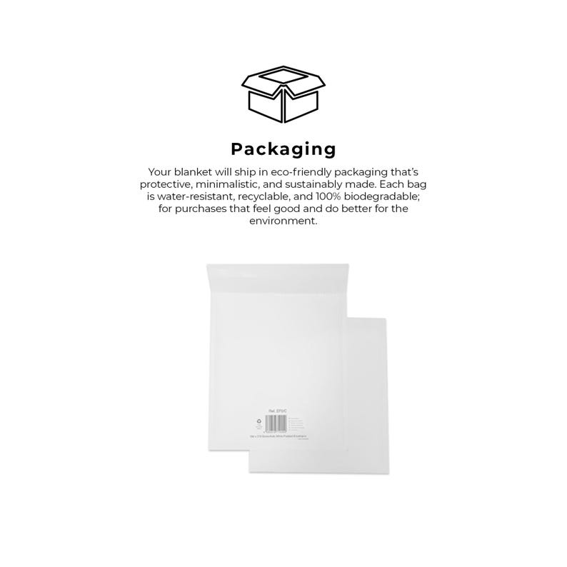 Pu&ograve; includere: Una busta di spedizione bianca ed ecologica con il testo "Packaging" e una semplice illustrazione di una scatola. Il testo spiega che la busta &egrave; resistente all'acqua, riciclabile e biodegradabile.
