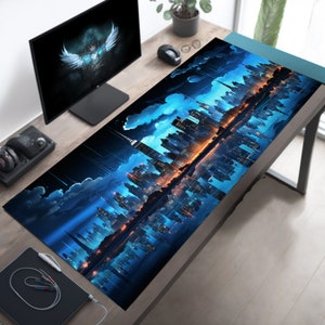 Neon Blue City Desk Mat, Meteor Shower Mousepad, City Skyline Desk Pad, Fantasy Mouse Pad, Desk Decor, Gaming Mousepad XL