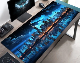 May include: A blue and black gaming mouse mat featuring a cityscape design. The cityscape is reflected in a body of water. The mouse mat is on a wooden desk with a computer monitor and a mouse.