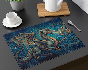 Mantel individual de dragón con puntillismo colorido - 14 x 18 pulgadas - Poliéster