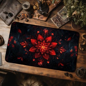 Crimson Bloom of Eternity - Custom Floral Playmat TCG - Gamer Playmat - Dark Red and Black Fantasy Play Mat DND - Gift for Gamer Girlfriend