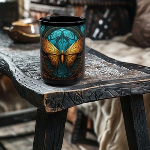 Gothic Blue Glow Golden Moth 15oz Black Mug, Moth Mug, Moth Coffee Mug, Goth Mug, Goth Coffee Mug
