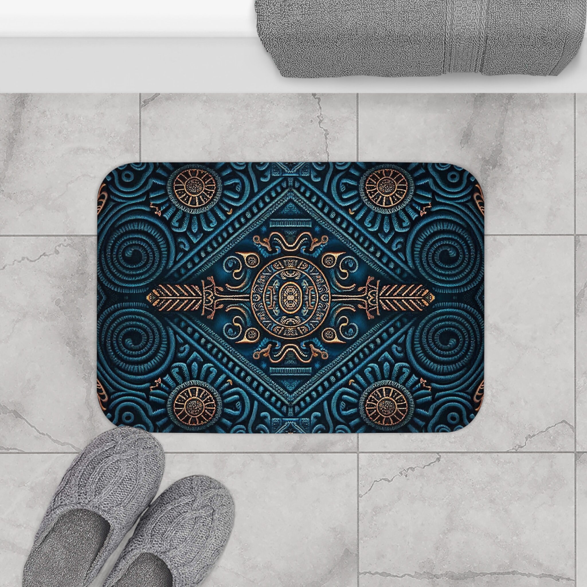 Mayan Royal Textile Print Bathroom Rug, Mayan Bath Mat, Mayan Art ...