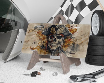 Car Front Plate, Vanity Plate Featuring Pirate Skull and Tricorn Fantasy Art, Pirate Car Decor, Pirate Gifts, Gift for Pirate Lover