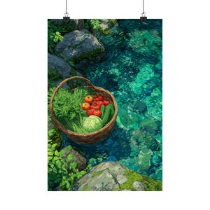 Poster im japanischen Anime Style - Serene Bubbling Creek and Gemüse - Poster Wand Kunst Druck