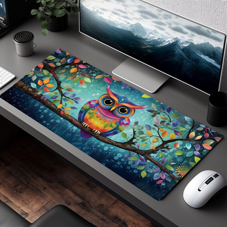 May include: A colorful desk mat featuring a vibrant owl perched on a tree branch. The owl has large eyes and is decorated with a variety of colors. The background is a teal blue with colorful leaves.