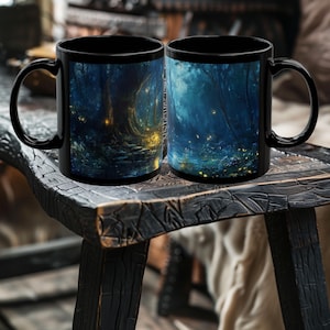 May include: Two black ceramic mugs with a forest scene printed on them. The mugs are on a dark wooden surface. The forest scene is a dark blue and green with glowing lights.