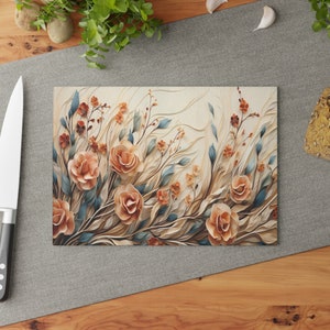 Glass Cutting Board, Artisan Kitchen Decor, Floral Cutting Board, Golden Roses, Kitchen Accessory, Kitchen Gift, Cooking Gift, Chef Gift